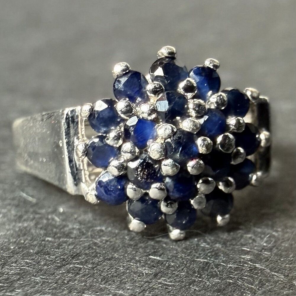 Vintage 925 Sterling Silver & Dark Blue Sapphire Cluster Ring Size 8 Art Deco